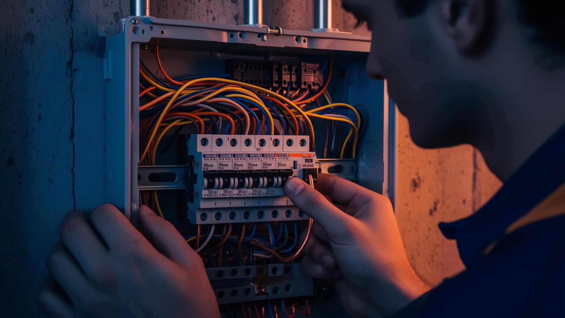 Electrician working on a residential breaker panel